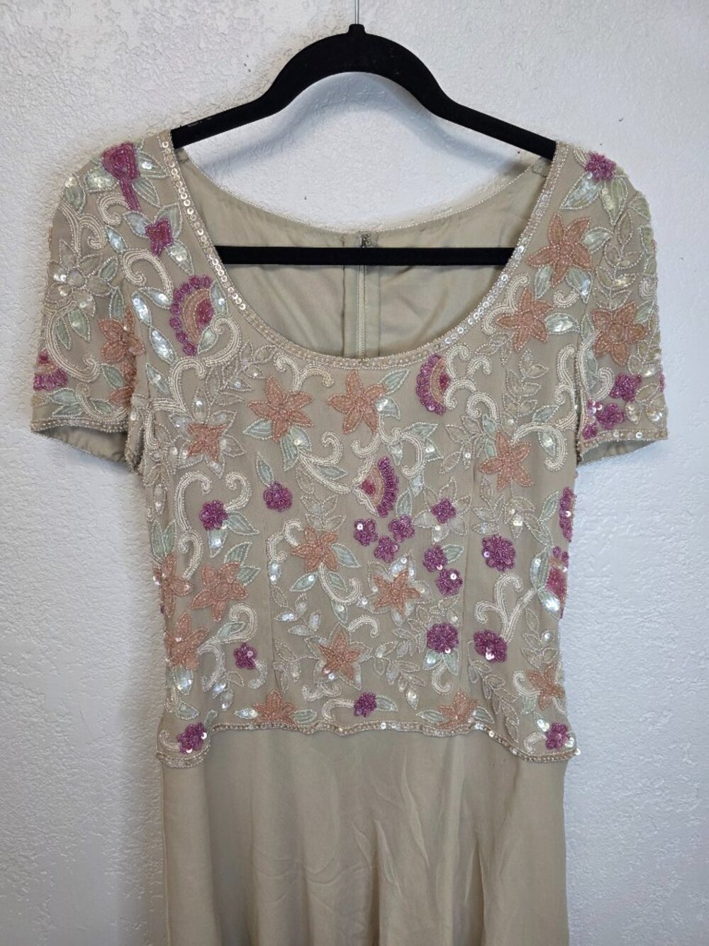 Vintage Beaded Beige Dress Floral Embellished Swing‎ Midi No Tags - Picture 2 of 11